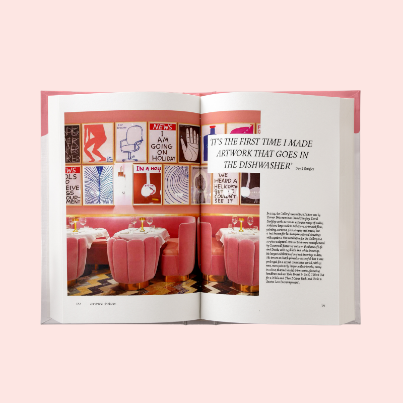 Load image into Gallery viewer, Open book with interior design images and text on a pink background