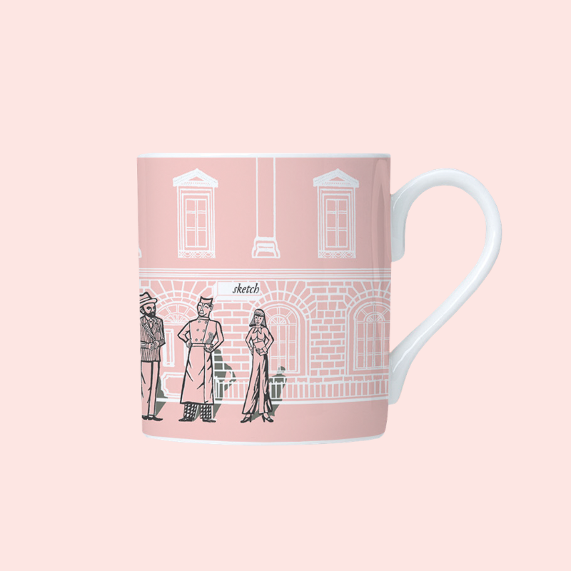 Load image into Gallery viewer, Mug with architectural design and people on a pink background