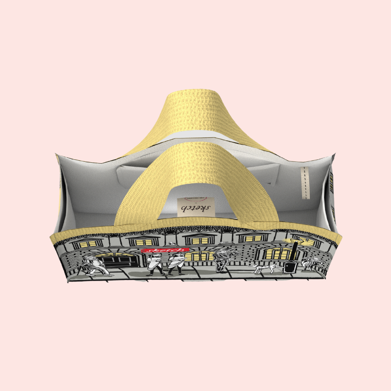 Load image into Gallery viewer, Yellow and gray tote with a cityscape design on a pink background