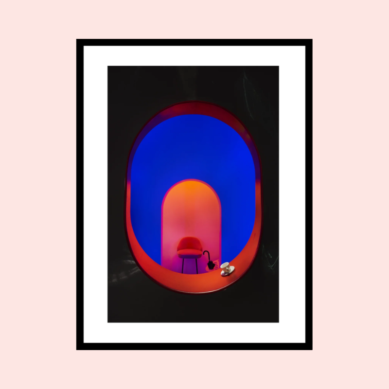 Load image into Gallery viewer, Framed artwork with a blue and red abstract design on a pink background