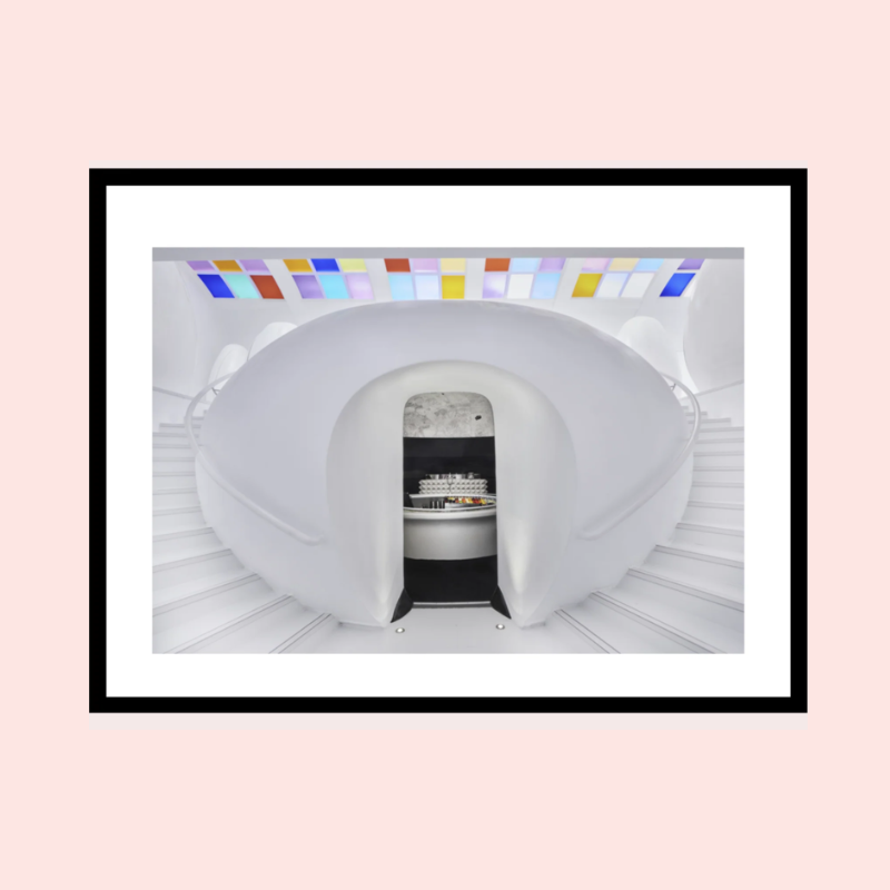 Load image into Gallery viewer, Framed artwork of a futuristic interior design with a pink background
