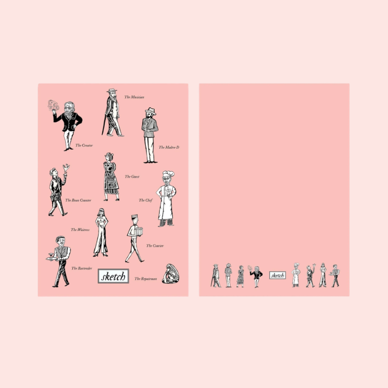 Load image into Gallery viewer, Illustrations of various professions on a pink background with 'sketch' branding.